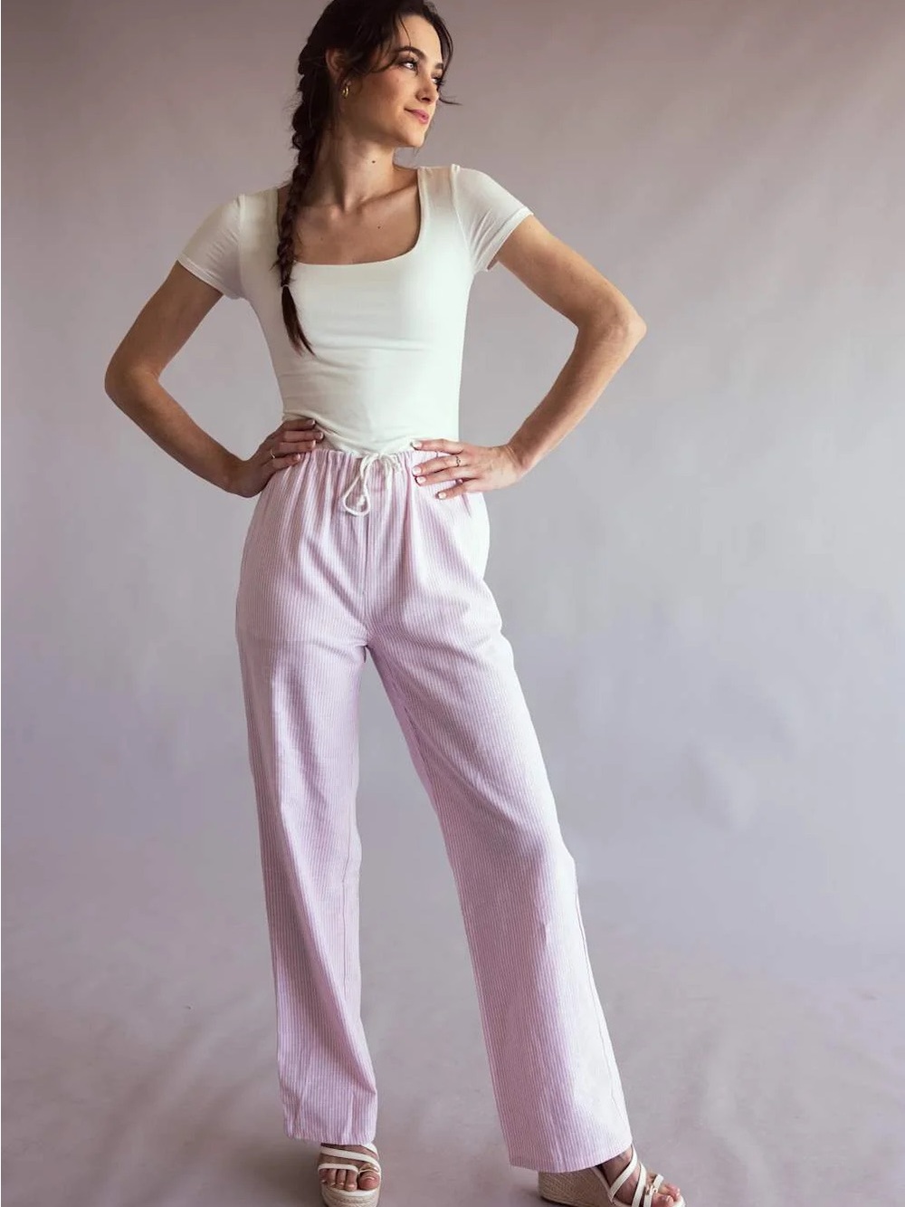 Love Tree Pinstripe Drawstring Linen Pants